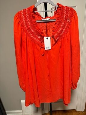 Rose & Olive Bright Orange Smocked Peasant Top